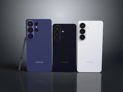 Samsung Smartphones in Three Colors Purple Dark Blue White With Camera Module Design 3d model