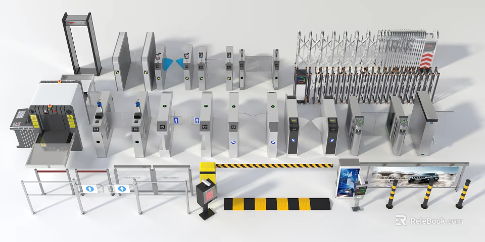 Modern Public Facility Access Control Systems With Turnstiles Barriers And Security Gates 3d model 