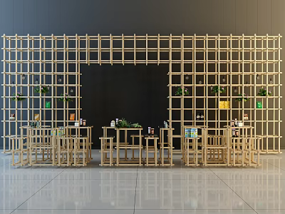 Modern Wooden Lattice Partition With Green Plants And Small Decorations Tables Behind Dark Wall 3d model