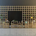 Modern Wooden Lattice Partition With Green Plants And Small Decorations Tables Behind Dark Wall