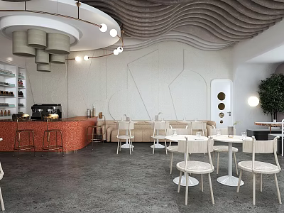 Modern Café Interior Design With Wavy Ceiling White Walls And Orange Bar Counter 3d model