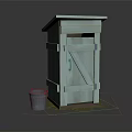Light Blue Wooden Hut with Simple Door Design and Gray Bucket on Grass Covered Ground