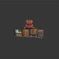 Decorative Ornament Set With Orange Figurine Wooden Barrels Blue Cushioned Seat And Rope Wrapped Barrel