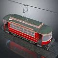 Vintage Red Tram with Green Roof and Classic Windows on Metal Tracks and Overhead Wires
