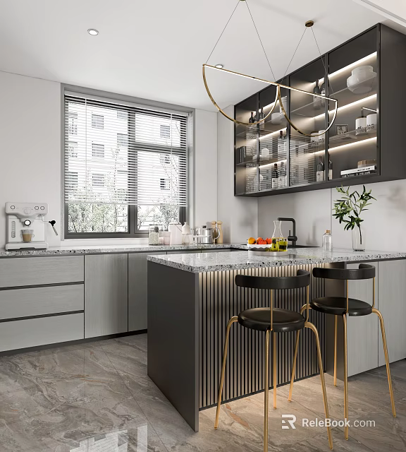 Modern Kitchen Interior Design With Island Counter Stools Cabinets And Window Appliances 3d model