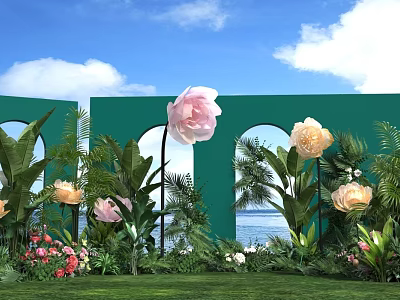 Floral Display With Green Backdrop Arched Design Blue Sky White Clouds And Sea View 3d model