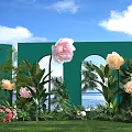 Floral Display With Green Backdrop Arched Design Blue Sky White Clouds And Sea View