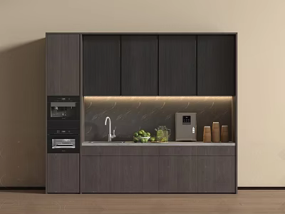 Modern Minimalist Sideboard Cabinet With LED Lighting Marble Backsplash Green Plants And Kitchen Appliances 3d model