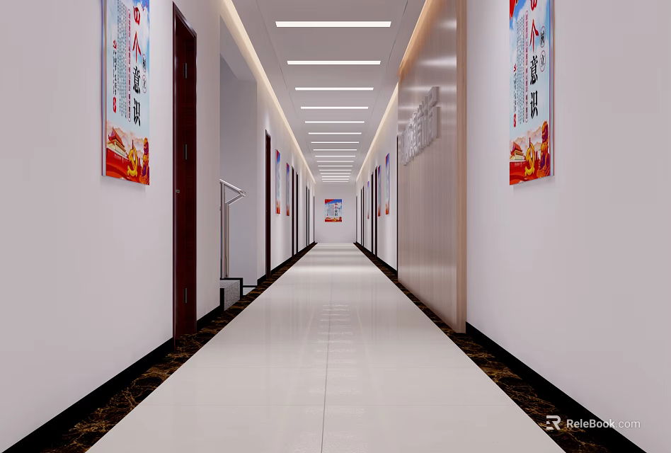 Elevator Corridor With White Walls Posters And Ceiling Lights 3d model