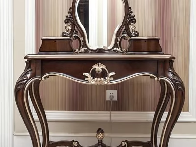 Classical Wooden Dressing Table With Ornate Carved Mirror And Decorative Leg Design 3d model
