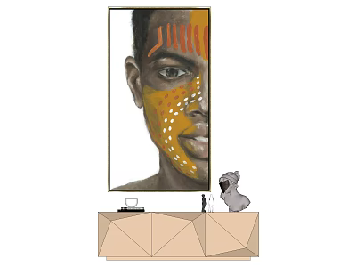 Decorative Painting With Facial Patterns On Geometric Cabinet With Figurine And Cup 3d model