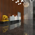 Modern Lobby Reception Desk With Large Windows City View Chandelier Lighting And Wooden Wall Panel