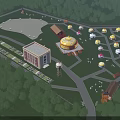 Scenic Forested Campsite With Green Lawn Dome Tents Parking Area And Modern Buildings
