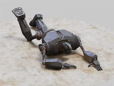 Damaged Intelligent Machine Lying on Sandy Ground With Broken Mechanical Parts and Metallic Body 3d model