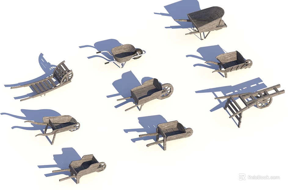 Multiple Wooden Carts With Various Designs And Cast Shadows On White Background 3d model