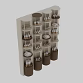Modern Department Store Counter with Skincare Products on Layered Golden Frame Shelves and Wooden Base