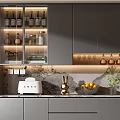 Modern Grey Wine Cabinet With Glass Doors Marble Countertop And Wine Bottles