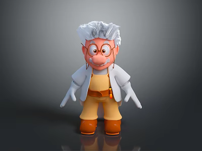 Elderly Man with White Hair Wearing Glasses White Coat Yellow Pants and Brown Boots 3d model