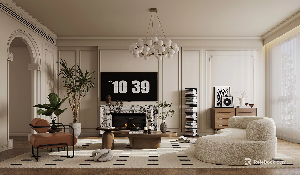 Modern Living Room Interior Featuring Spherical Chandelier Fireplace TV Plants Curved Sofa And Rug 3d model 