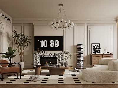 Modern Living Room Interior Featuring Spherical Chandelier Fireplace TV Plants Curved Sofa And Rug 3d model