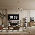 Modern Living Room Interior Featuring Spherical Chandelier Fireplace TV Plants Curved Sofa And Rug
