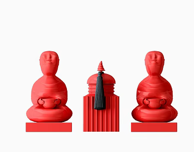 Red Decorative Ornament Set with Humanoid Figurines Columnar Piece and Base Stands 3d model