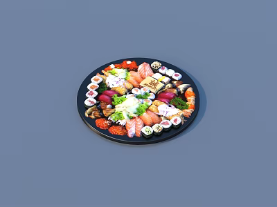 Colorful Assorted Sushi and Sashimi Platter with Fresh Vegetables and Rice 3d model