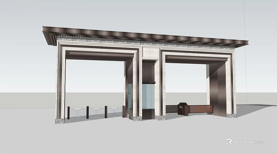 Elegant Entrance Gate Design With Portico Columns Metal Frames And Stone Base 3d model 