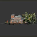 European Architecture Featuring Red Brick Exterior Blue Roof Green Lawn And Trees