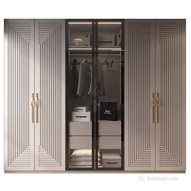 Modern Wardrobe Interior With Glass Doors Geometric Patterns Metal Handles And Hanging Clothes 3d model 