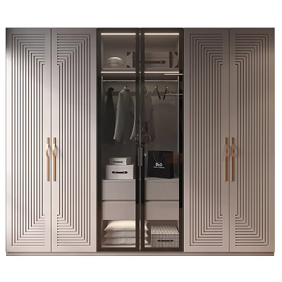 Modern Wardrobe Interior With Glass Doors Geometric Patterns Metal Handles And Hanging Clothes 3d model