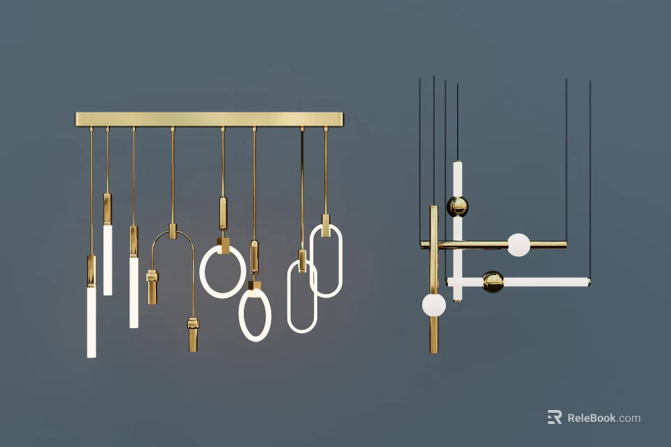 Modern Brass Chandelier Design With Geometric Rings Linear Pendants And Spherical Accents For Home Decor 3d model 
