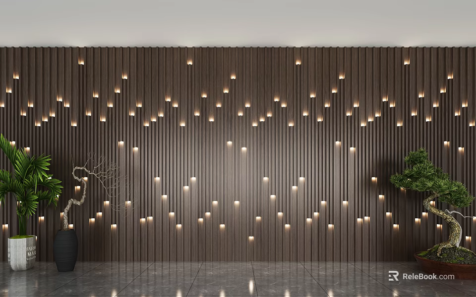 Wooden Slat Wall Decor With Recessed Lights And Plants 3d model 