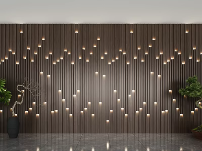 Wooden Slat Wall Decor With Recessed Lights And Plants 3d model