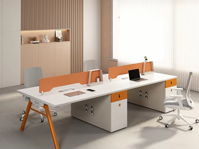 Modern Public Office Area Featuring Open Workstations Ergonomic Chairs Laptop On Desk And Storage Cabinets 3d model