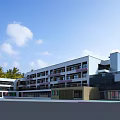 Modern Multi Story School Building With Red White Facade Glass Curtain Wall And Open Courtyard