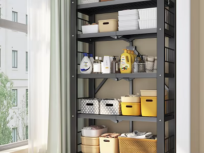 Gray Metal Storage Shelving Unit With Multiple Tiers Storage Bins Baskets And Cleaning Supplies 3d model