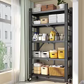 Gray Metal Storage Shelving Unit With Multiple Tiers Storage Bins Baskets And Cleaning Supplies