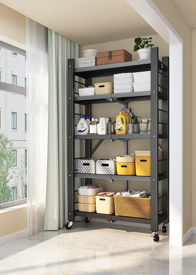 Gray Metal Storage Shelving Unit With Multiple Tiers Storage Bins Baskets And Cleaning Supplies 3d model