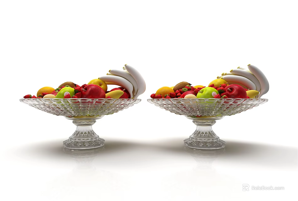 Two Elegant Ceramic Fruit Bowls With Tall Pedestal Base Filled With Mixed Fruits 3d model 