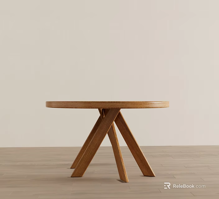 Minimalist Wooden Round Dining Table With Cross Legs In Light Colored Interior 3d model 
