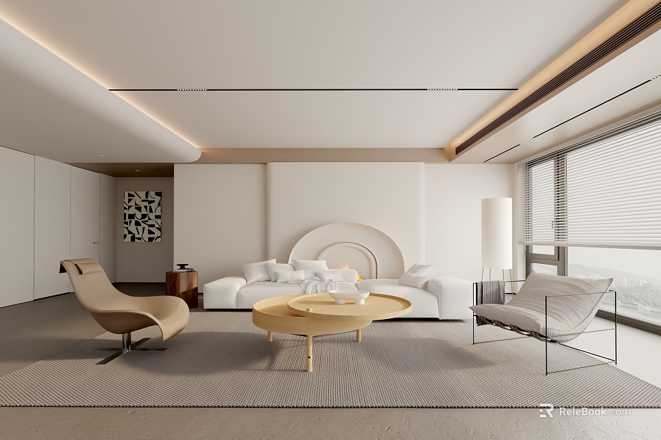 Modern Living Room Interior With White Sofa Round Coffee Table And Curved Accent Wall 3d model 