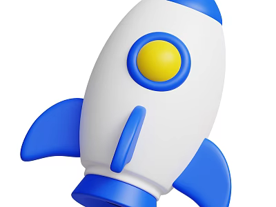 Cartoon Toy Rocket With White Body Blue Fins And Yellow Circular Window 3d model