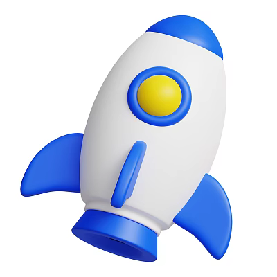 Cartoon Toy Rocket With White Body Blue Fins And Yellow Circular Window 3d model