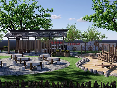 Traditional Chinese Garden Wall With Pavilion Seating And Natural Stone Paths 3d model