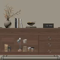 Walnut Wood Sideboard With Glass Doors Drawers Metal Legs And Decor Items