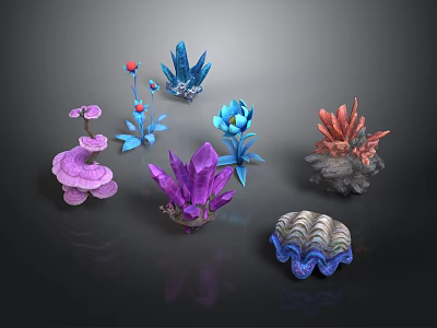 Colorful Plants Featuring Crystal And Shell Like Structures With Vibrant Flowers 3d model