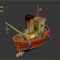 Red and Yellow Toy Boat with Chimney Cabin Tires and Rear Paddle
