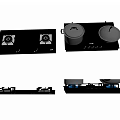 Black Gas Stove With Pots And Pans Featuring Blue Flames In Various Designs