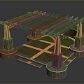 Architectural Structure Featuring Wooden Lattice Roof Orange Brick Pillars Circular Bases Stone Slabs And Grass
